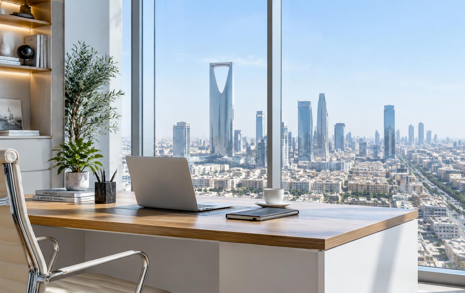 مكتب حديث مطل على أفق الرياض